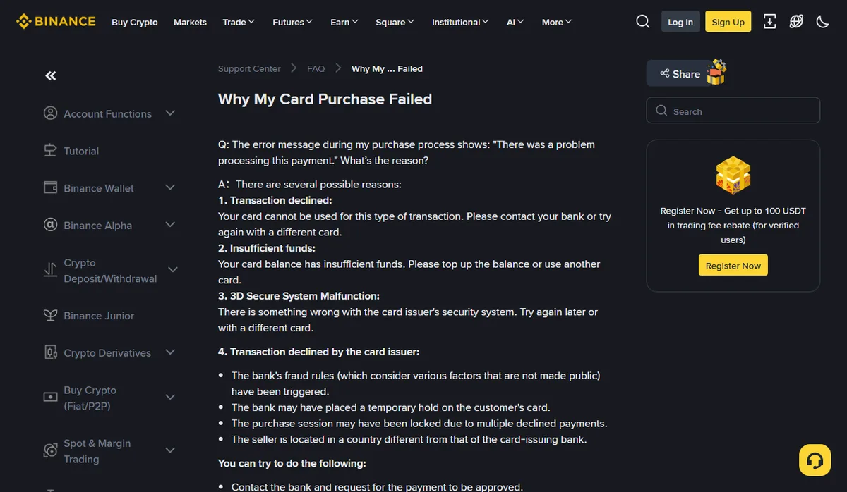 Binance Support page Why My Card Purchase Failed, listing declined transaction, insufficient funds, 3D Secure malfunction and issuer decline