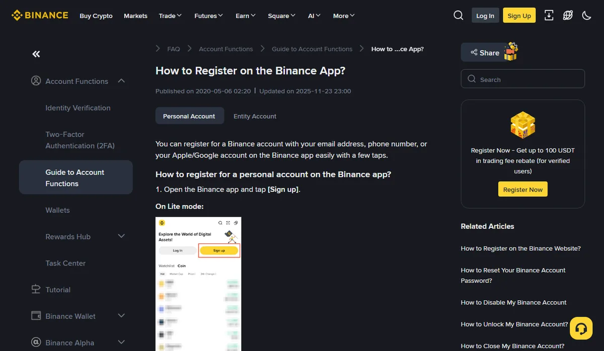 币安公开 App 注册帮助页：个人账户选项与 Sign up 注册入口
