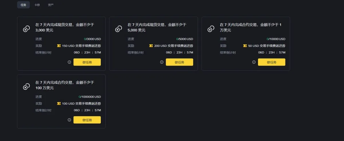 任务中心截图示例：交易量门槛、倒计时与手续费返还券